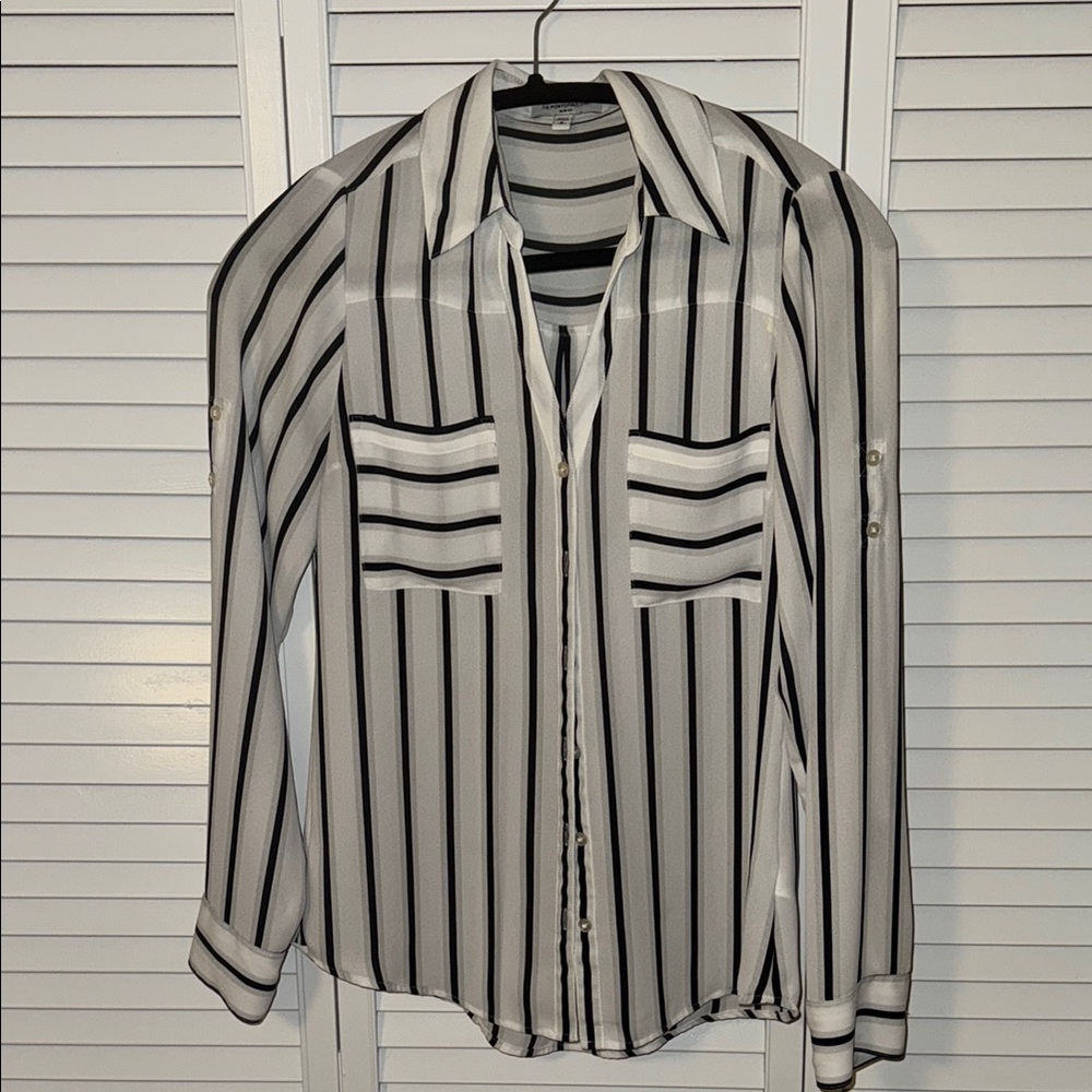 Black and White Striped Button-Up Blouse